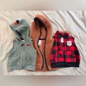 Baby 3 Month Quilted Dinosaur + Faux Sherpa + Red Buffalo Plaid Vest Bundle